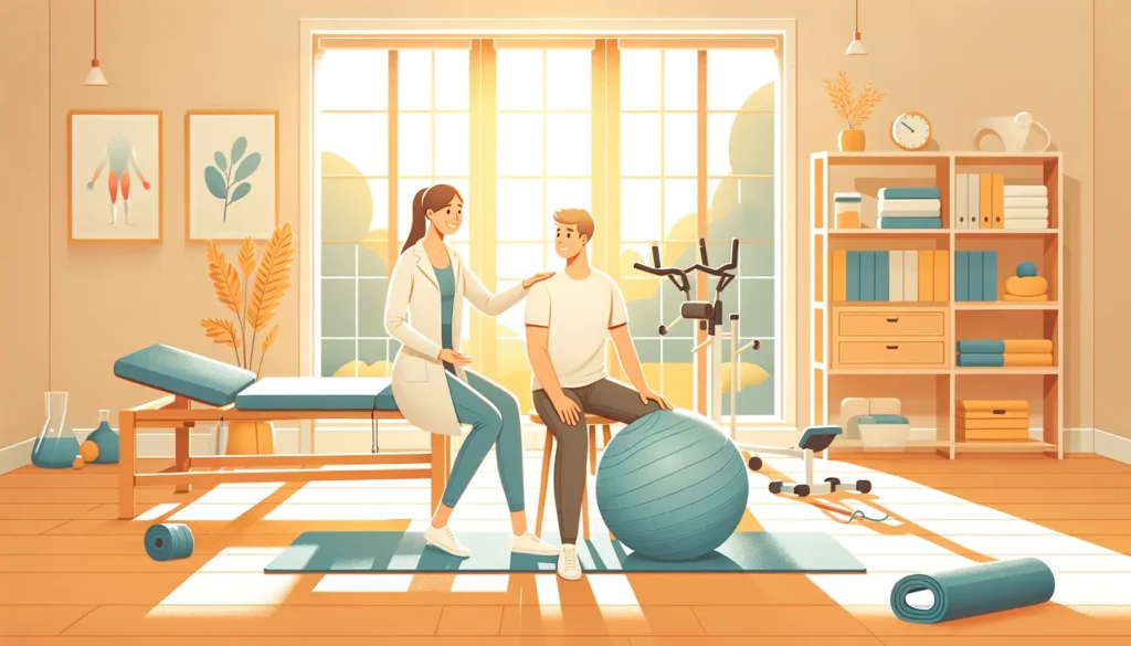 A warm and inviting illustration depicting the scene of a physical therapy session. The setting is a bright, minimalist physical therapy clinic with l