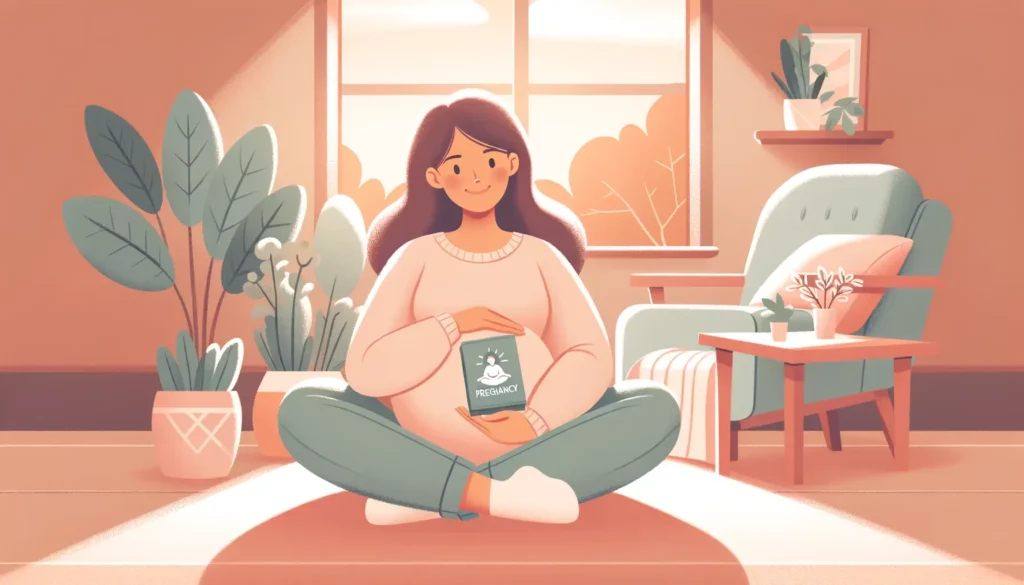 A warm and inviting illustration featuring a pregnant woman with a gentle smile, sitting comfortably in a cozy room. She is holding a small book title