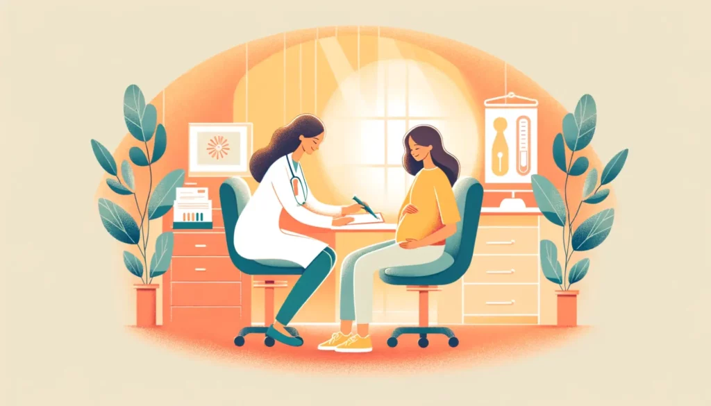 A warm and welcoming illustration depicting a woman undergoing prenatal tests in a friendly and simple medical environment. The scene is set in a brig