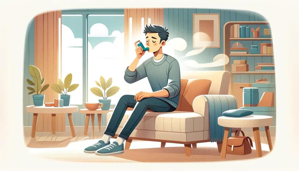 A wide, friendly, and simple illustration depicting a person experiencing asthma symptoms. The scene includes an individual sitting comfortably in a r
