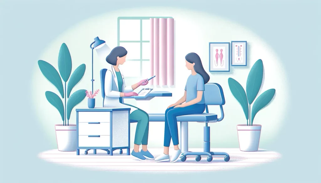 An illustration depicting a friendly and approachable scene of a woman undergoing an Anti-Müllerian Hormone (AMH) test, commonly known as an ovarian r