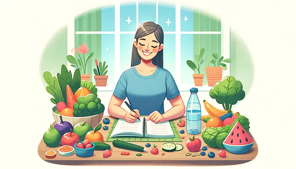 An illustration of a person happily planning a healthy diet, sitting at a table filled with colorful fruits, vegetables, and a water bottle. They are