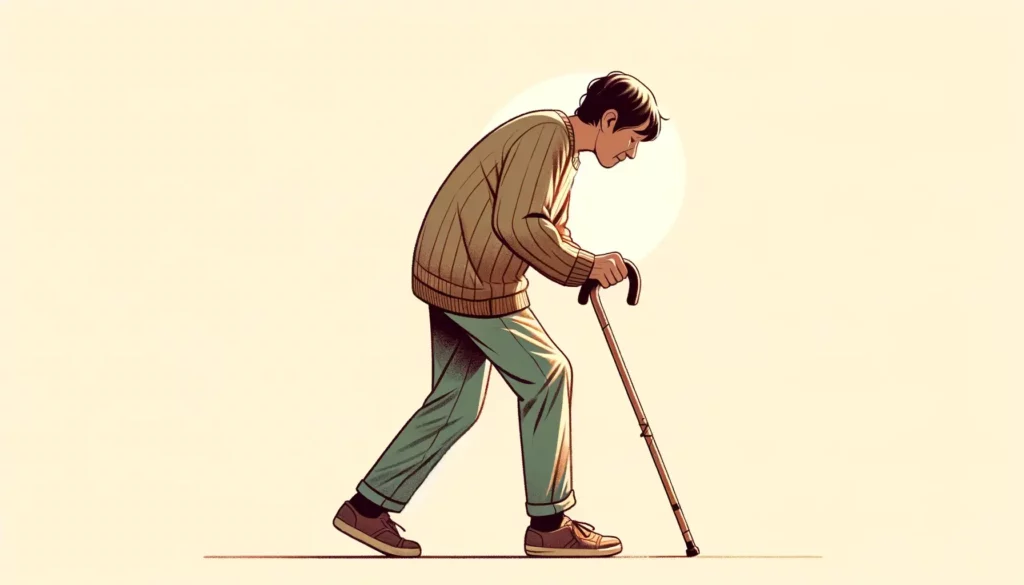An illustration that evokes a friendly and approachable atmosphere, depicting a person struggling to walk. They lean on a walking stick for support, m